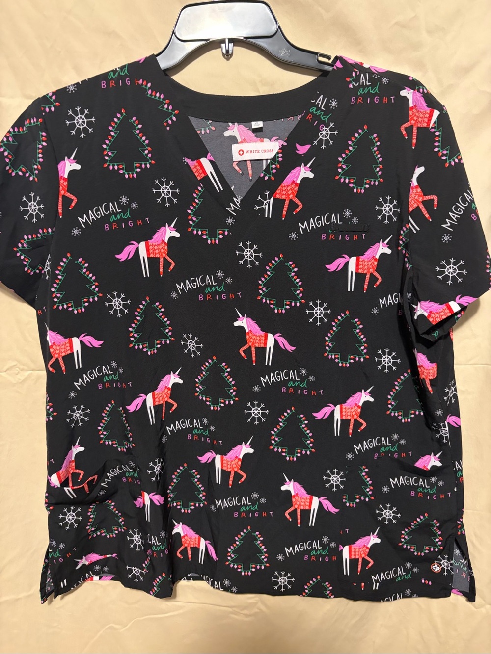 White Cross Black V-Neck Short Sleeve Top with Pink & Red Unicorns